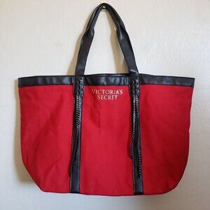 Victoria's Secret Canvas Getaway Tote Red Studded Fringe Shoulder Bag Christmas